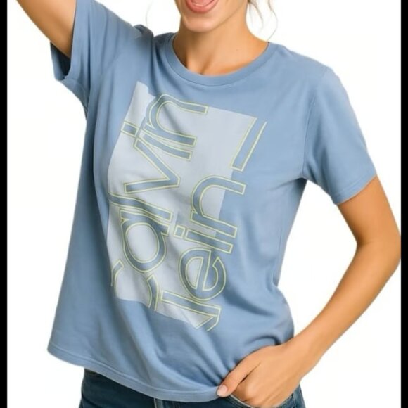 Calvin Klein Gold Blue Top Graphic Logo T-Shirt Short Sleeve Tee Quality Medium - Picture 1 of 8